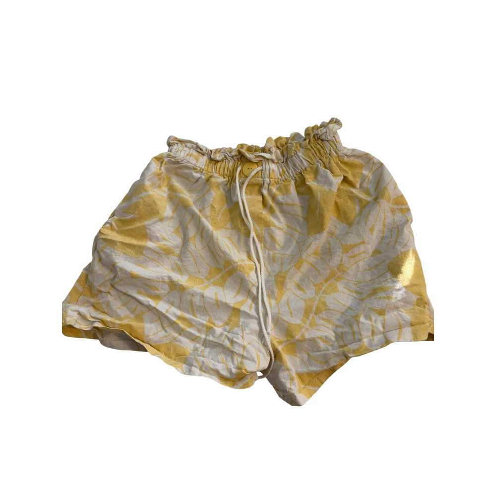 Cotton Shorts Tropical Leaf Yellow Paperbag Waist Drawstring Medium Vintage